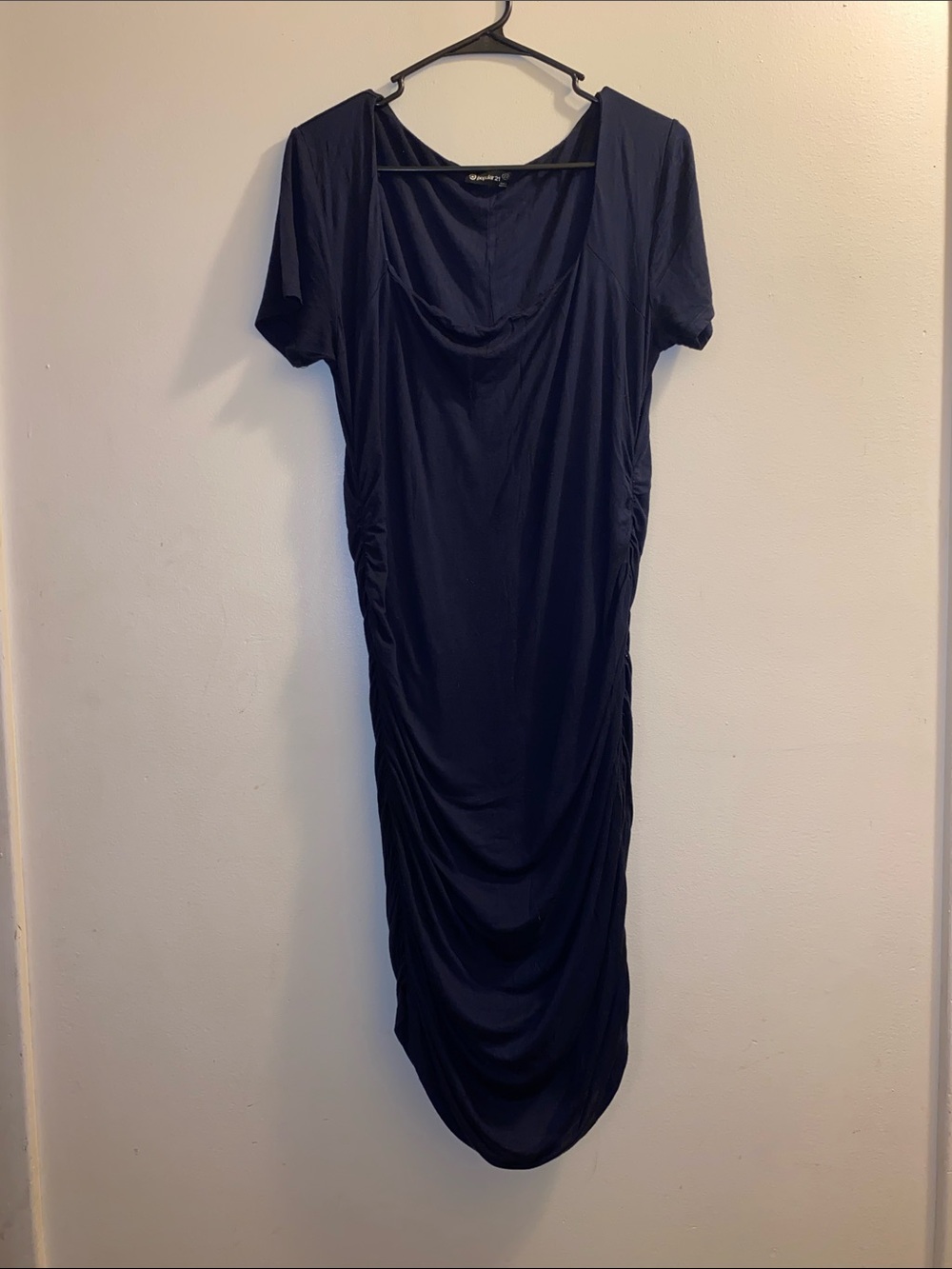 Ruched Navy Midi Dress with Draped Neckline